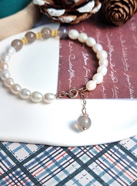 原创女珍珠玛瑙沙金ins手链串珠