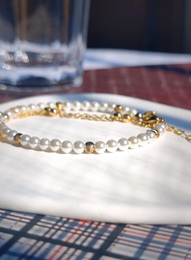 原创女珍珠14k金法式玫瑰花手镯