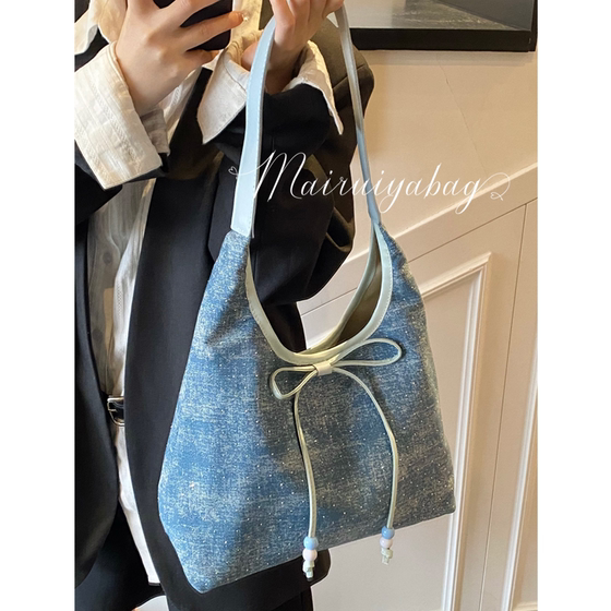 Korean denim preppy large capacity tote bag