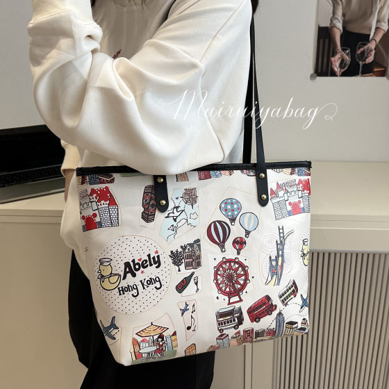 Cartoon print texture commuting shoulder tote bag