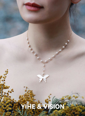 YIHE弋原创蝴蝶贝母珍珠项链