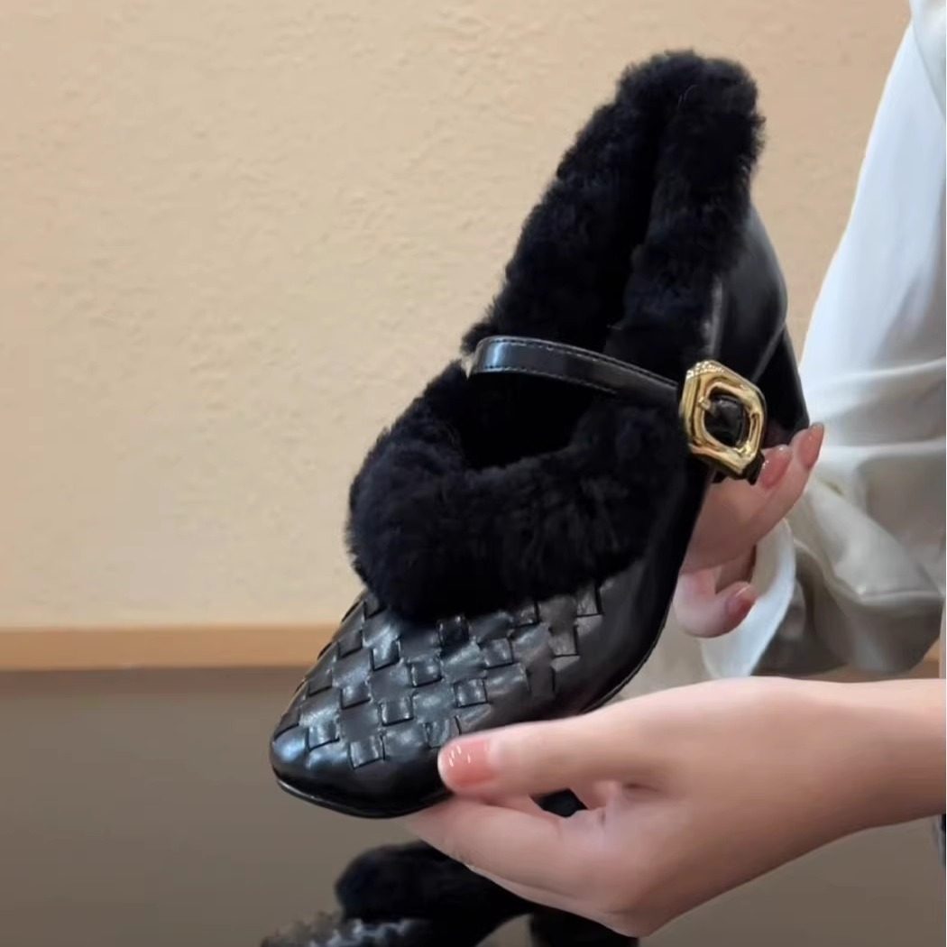 RubyL/3.8cm法式气质方头编织羊皮拼色一字带羊羔毛毛毛玛丽珍鞋,淘宝优惠券,粉丝福利购,淘宝优惠卷