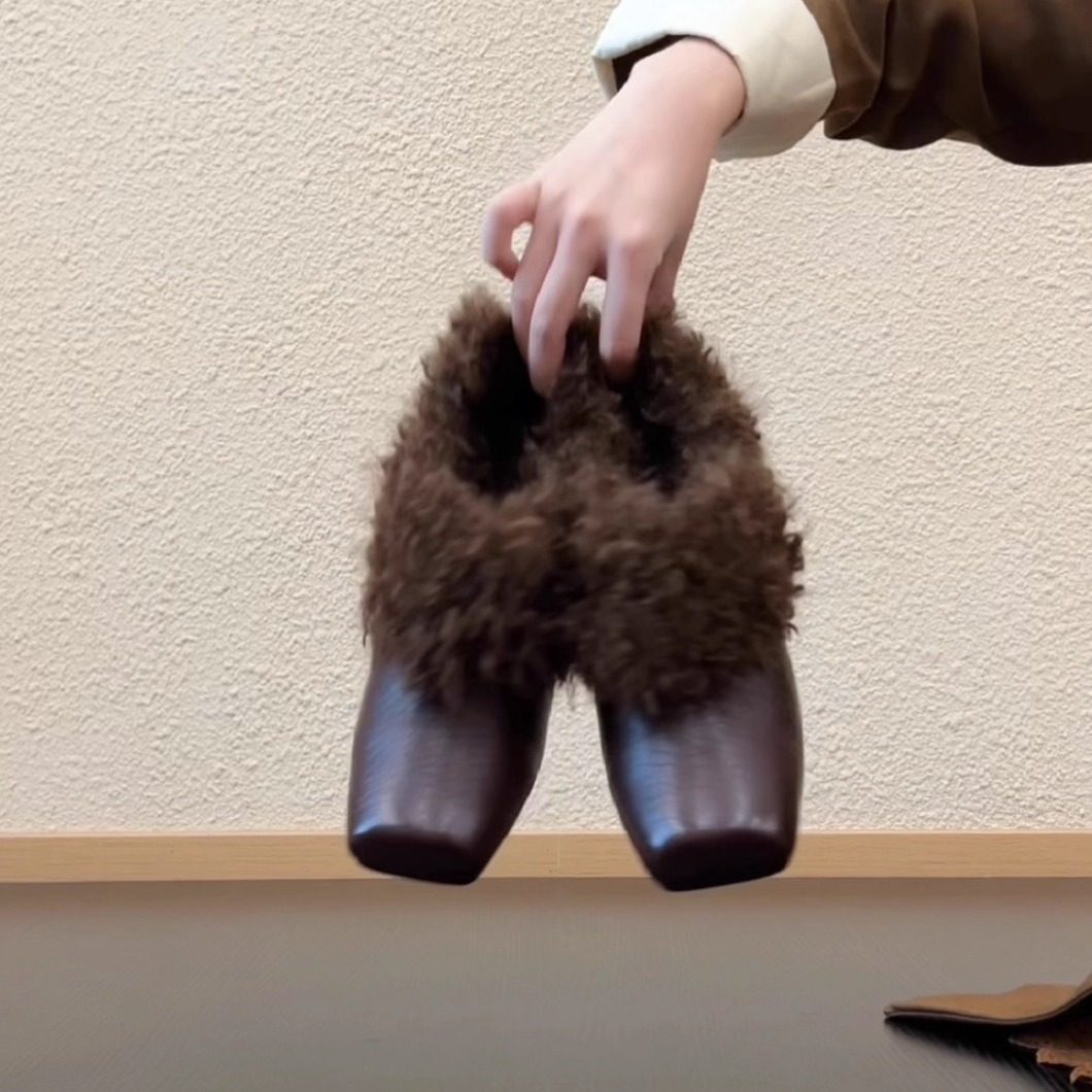 RubyL/6cm显腿长高跟毛毛鞋法式方头牛皮深口厚绒里通勤单鞋女款,淘宝优惠券,粉丝福利购,淘宝优惠卷