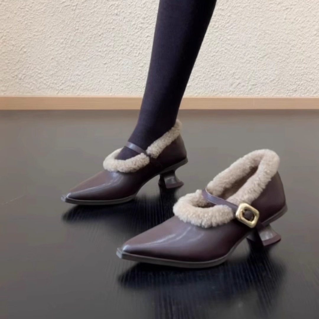 RubyL/4.5cm毛绒玛丽珍鞋女法式气质尖头粗跟一字带扣保暖高跟鞋,淘宝优惠券,粉丝福利购,淘宝优惠卷