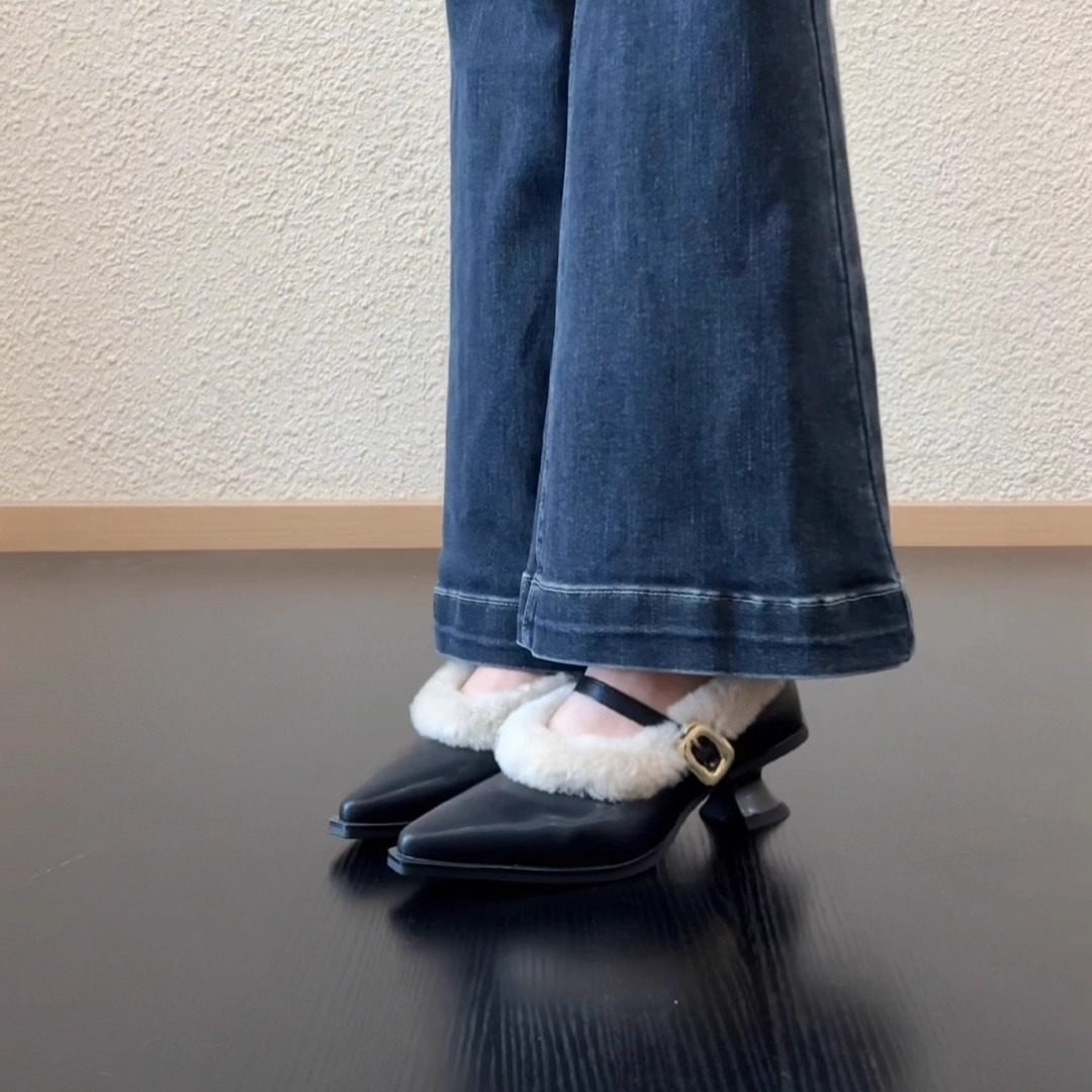 RubyL/4.5cm毛绒玛丽珍鞋女法式气质尖头粗跟一字带扣保暖高跟鞋,淘宝优惠券,粉丝福利购,淘宝优惠卷