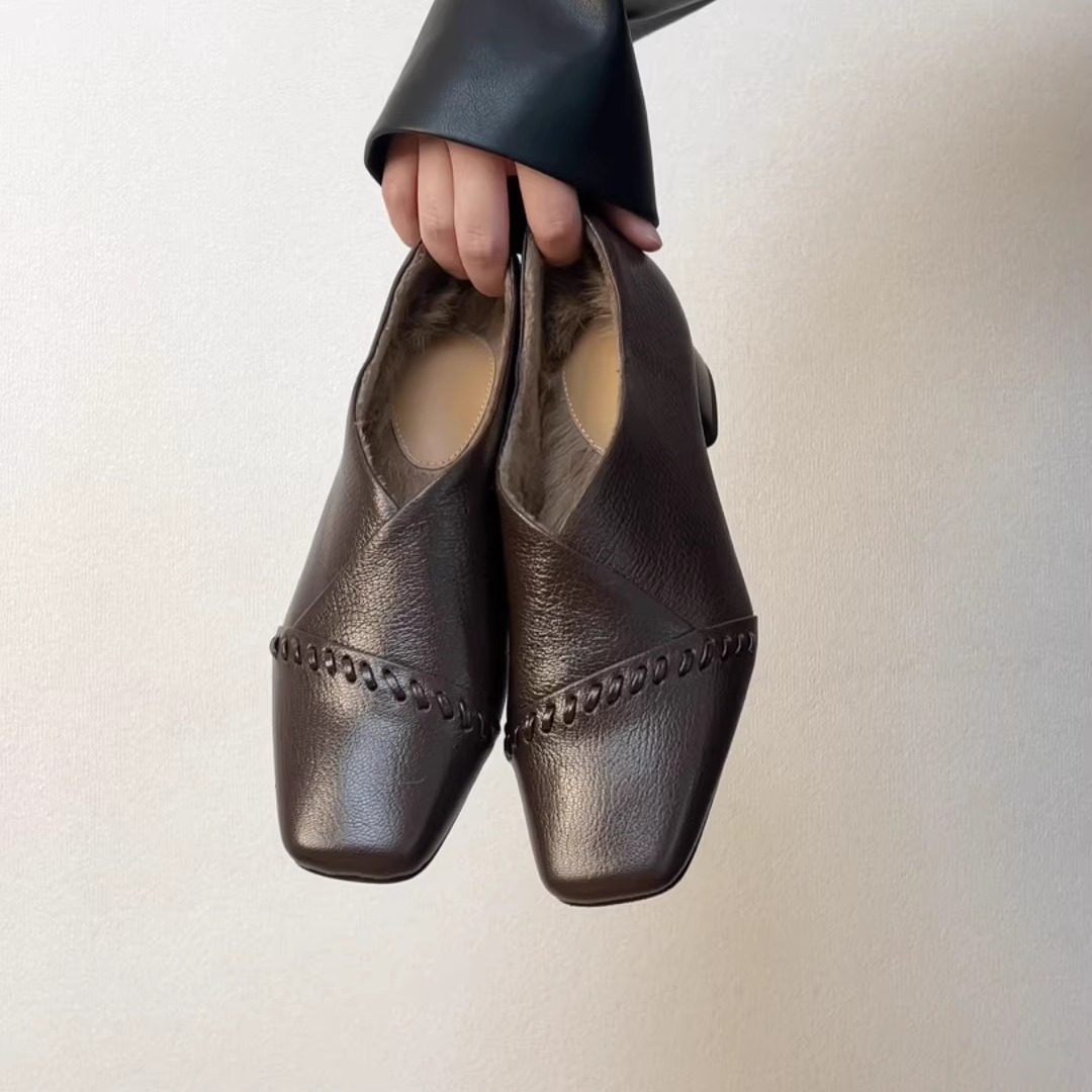 RubyL/3.5cm复古方头羊皮深口单鞋女粗跟百搭通勤鞋编织装饰中跟,淘宝优惠券,粉丝福利购,淘宝优惠卷