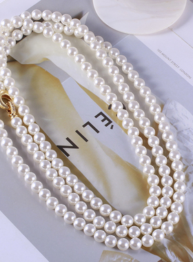 女几何圆扣圆润珍珠长款叠戴项链