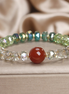 天然红玛瑙粉水晶转运珠手链女