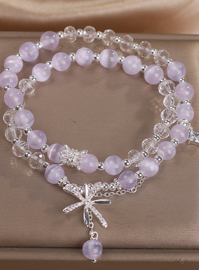 猫眼石头水晶手链女双圈叠戴