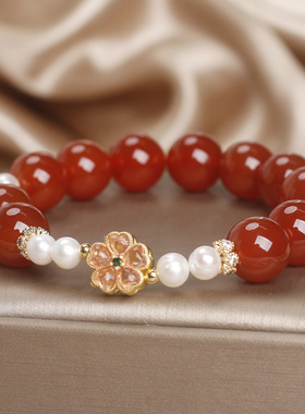 新中式天然红玛瑙珍珠手链女