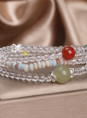 新款天然白水晶多层叠戴手链女款