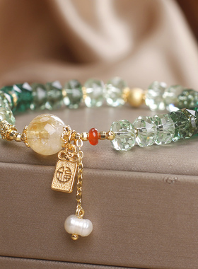 轻奢绿色渐变福牌转运水晶女手链