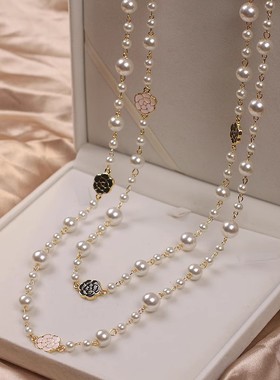 长款珍珠项链轻奢小众山茶花