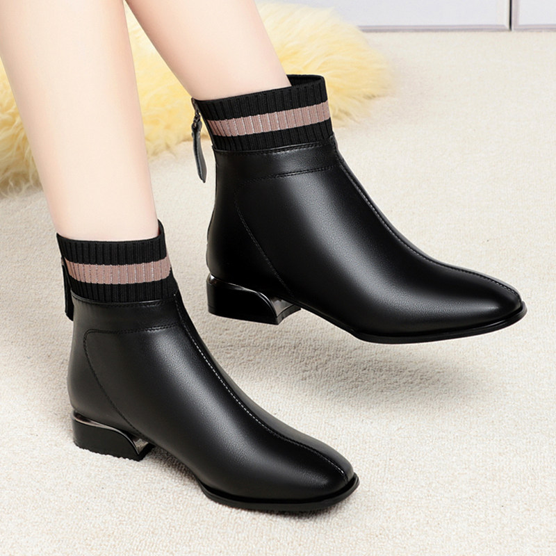 真皮短靴女士中年中跟软底羊毛女靴粗跟妈妈棉鞋方头加绒加厚皮鞋,淘宝优惠券,粉丝福利购,淘宝优惠卷