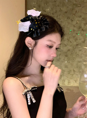 万圣节黑丝绒五角星蝴蝶结发夹