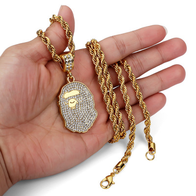 Hiphop Chain Chris Brown同款手工镶钻猿人头吊坠嘻哈项链配饰品-图0