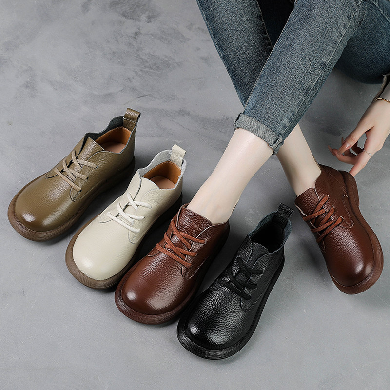 头层牛皮妈妈鞋秋冬季新款真皮平底深口单鞋女舒适不累脚系带皮鞋,淘宝优惠券,粉丝福利购,淘宝优惠卷