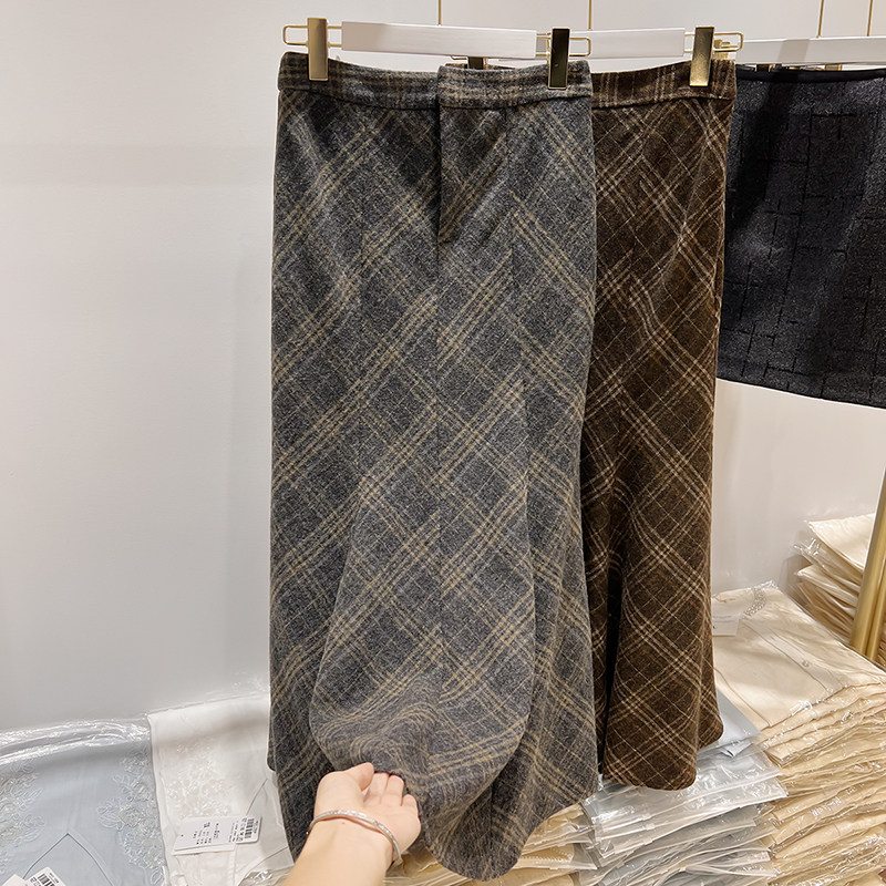 2025新款韩国气质显瘦高腰格子拼色加厚毛呢中长款鱼尾半身裙女,淘宝优惠券,粉丝福利购,淘宝优惠卷