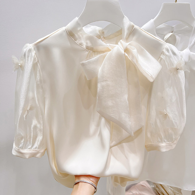2025 ຮູບແບບໃໝ່ຂອງເກົາຫຼີ 2025 Slim Stand-up Collar Lace-up Sleeves Butterfly Decoration Short-Sleeved Chiffon Shirt for Women Summer