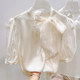 2025 ຮູບແບບໃໝ່ຂອງເກົາຫຼີ 2025 Slim Stand-up Collar Lace-up Sleeves Butterfly Decoration Short-Sleeved Chiffon Shirt for Women Summer