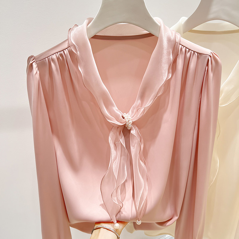 2025新款法式气质V领欧根纱系带钉珠套头长袖雪纺衫女秋季衬衫,淘宝优惠券,粉丝福利购,淘宝优惠卷