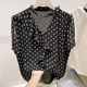 2026 ເສື້ອເຊີດແຂນສັ້ນຄໍ V-neck lace-up irregular temperament slim chiffon polka-dot chiffon for women in summer
