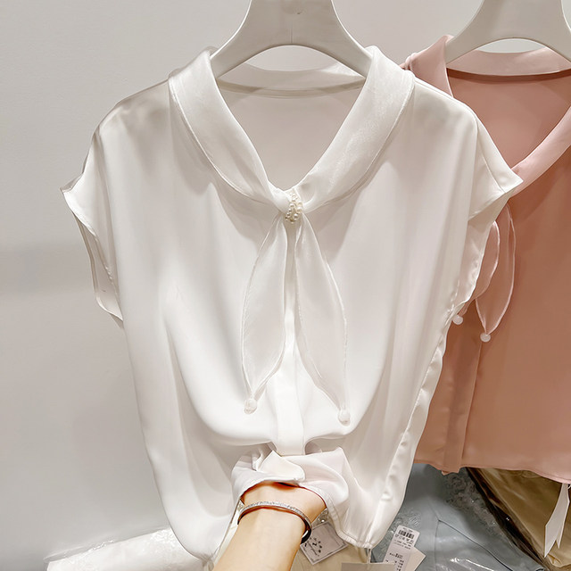 2025 ໃໝ່ 2025 ແບບຝຣັ່ງກະທັດຮັດຄໍ V-neck organza splicing beading ສີແຂງ pullover ເສື້ອ chiffon ແຂນສັ້ນ summer