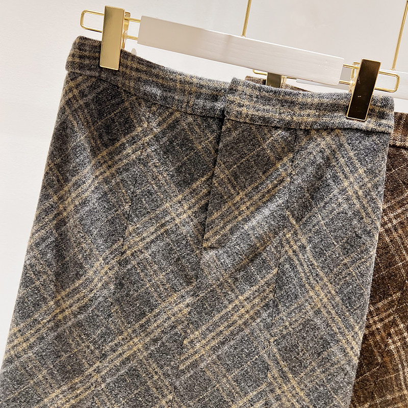 2025新款韩国气质显瘦高腰格子拼色加厚毛呢中长款鱼尾半身裙女,淘宝优惠券,粉丝福利购,淘宝优惠卷