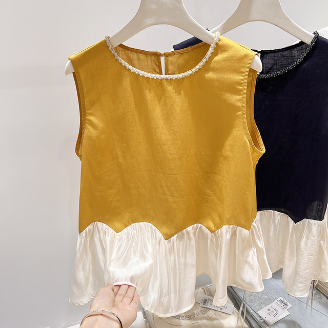 2026 ຮູບແບບໃຫມ່ຂອງເກົາຫຼີ Slim Round Neck Beaded Hem Doll Spliced Sleeveless Top Women Summer Style Thin