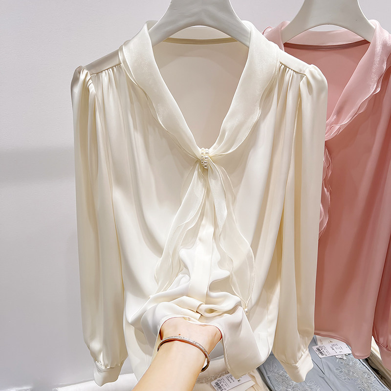 2025新款法式气质V领欧根纱系带钉珠套头长袖雪纺衫女秋季衬衫,淘宝优惠券,粉丝福利购,淘宝优惠卷