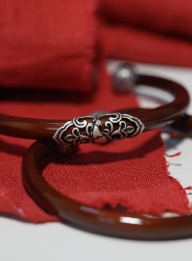 西藏天然鸡血藤纯银新中式手串手镯男女情侣