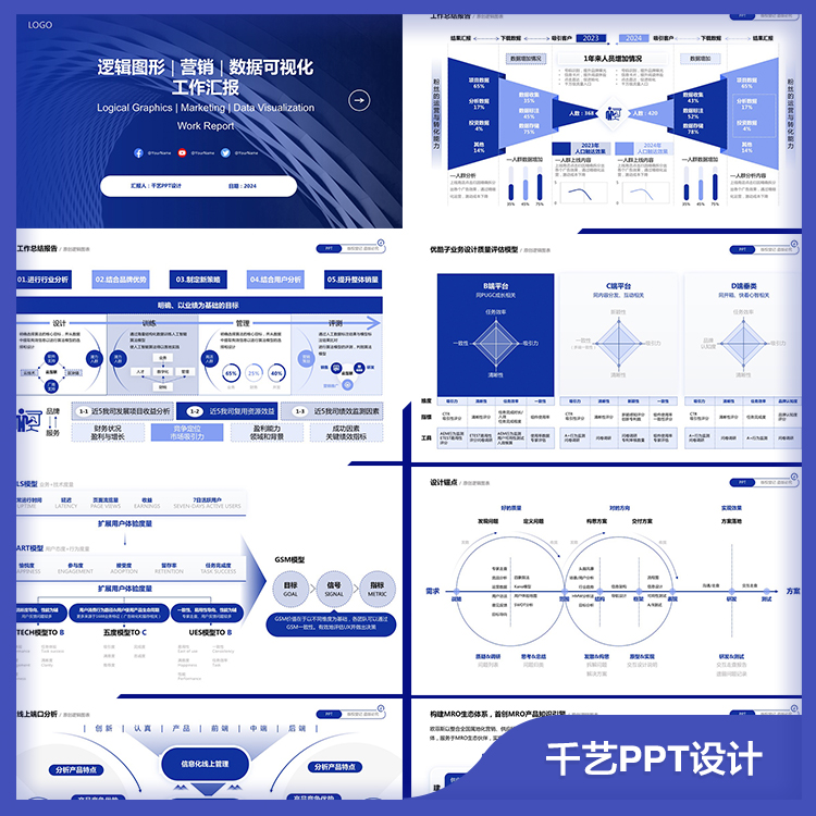 高级感蓝色逻辑架构｜雷达图｜流程｜工作年终总结素材PPT模板 - 图0
