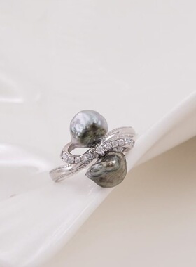 s925纯银银饰戒指配件珍珠饰品diy手工制作双珠开口调节戒指空托