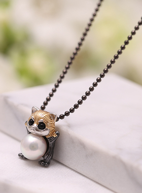 DIY手工制作珍珠项坠枪黑卡通小猫吊坠银饰s925纯银吊坠空托配件