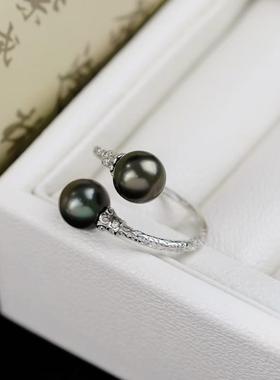 s925纯银戒指环 银饰双珠可调节珍珠戒指托DIY手工制作银配件空托