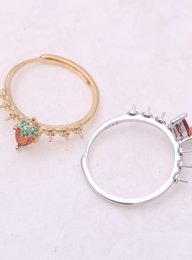 s925纯银戒指环银饰多珠草莓可调节珍珠戒指托DIY手工制作银配件