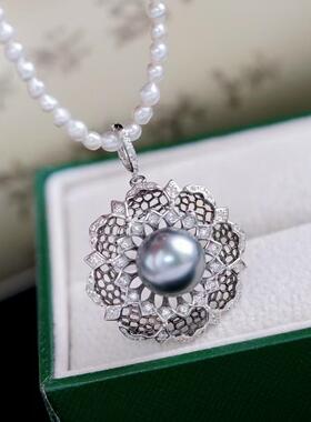 DIY手工珍珠戒指项坠两件套黑色蕾丝多功能开口吊坠 s925纯银配件