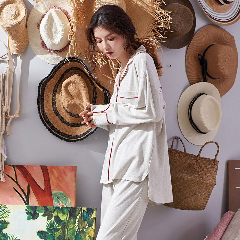 春秋长袖纯棉纯色简约休闲睡衣 黛梦思睡衣/家居服套装