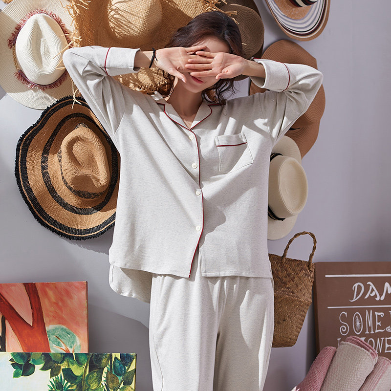 春秋长袖纯棉纯色简约休闲睡衣 黛梦思睡衣/家居服套装