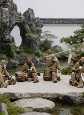 一寸精致款渔樵耕读陶瓷造景摆件