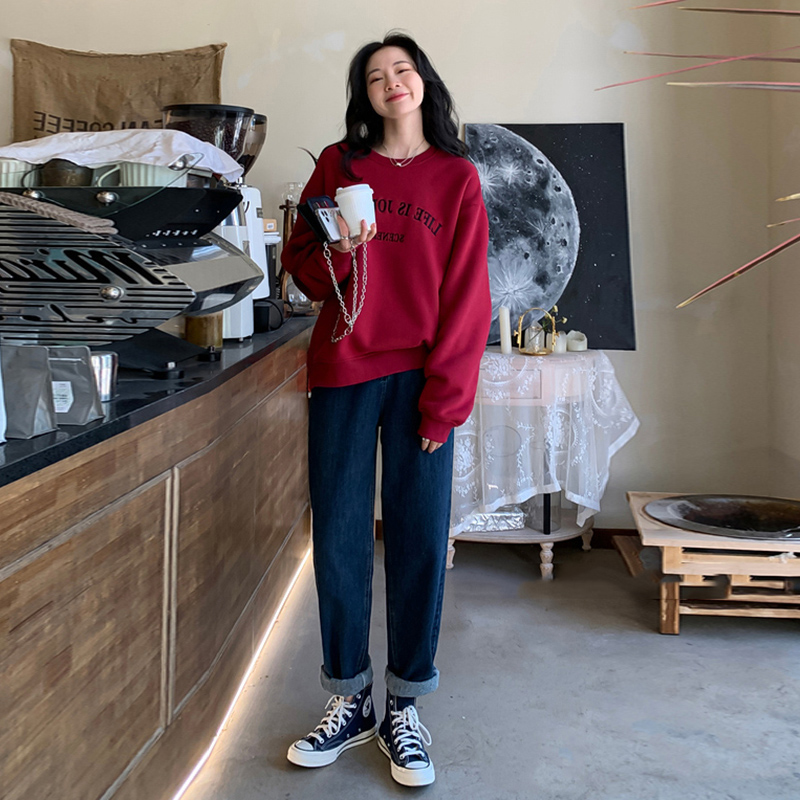 喜贵子育才专卖店孕妇复古直筒牛仔裤宽松2022春季新款托腹老爹裤春秋外穿九分裤子1