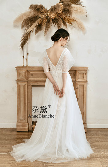 Light wedding dress designer elegant French sleeves with small tail