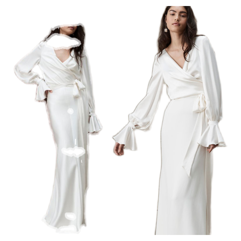 Genuine design megaphone, white wedding dress, V-neckline Genuine design megaphone, white wedding dress, V-neckline