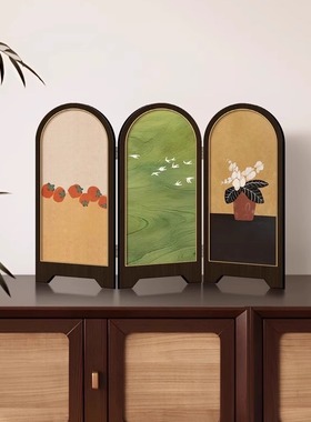 新中式绿色飞鸟屏风桌面摆件