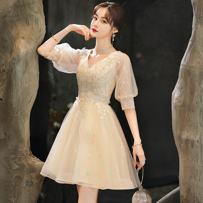 香槟色女气质短款轻奢小众高端婚纱 情海新娘礼服/晚装