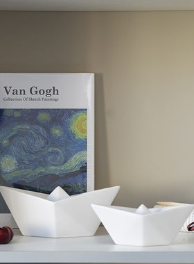 蓝色白色创意陶瓷几何o小舟小船折纸模型造型摆件艺术海洋软装饰