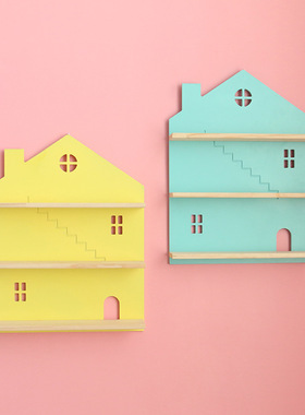 北欧风彩色小木屋房子隔板置物架壁挂儿童房木质壁R饰拍照道具653