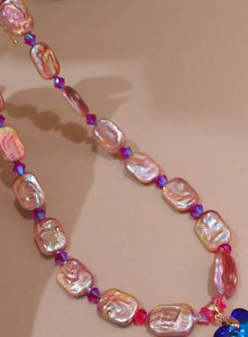 粉紫色巴洛克珍珠奥地利水晶项链