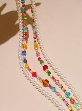 原创手作水晶珍珠双层斜挎手机链