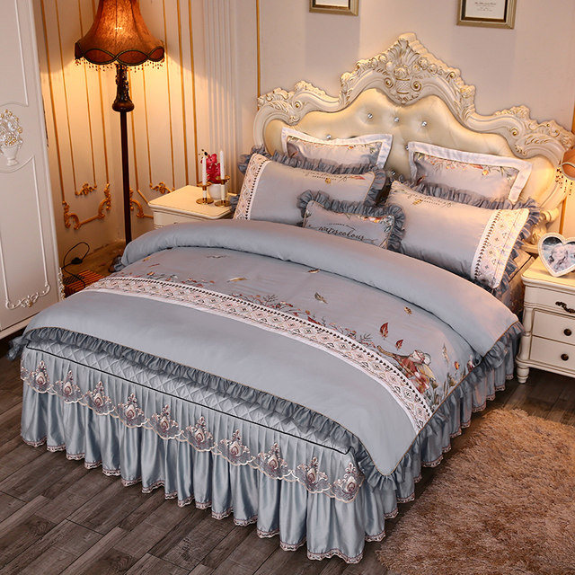 Embroidered cotton bed skirt four-piece set princess style bed set